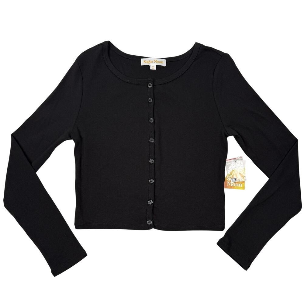 Sugar Moon Knit Cardigan Black Cotton Stretch Classic Button Front Basic Size M